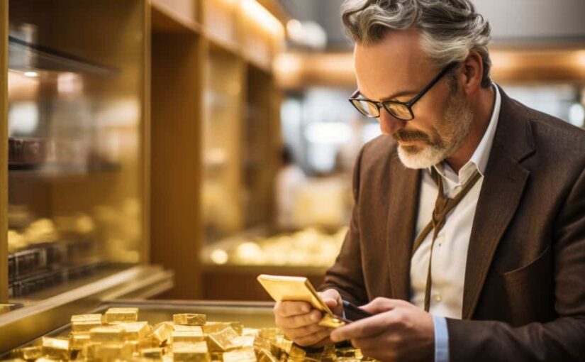 a beginning gold investor examines gold bars at a gold dealer