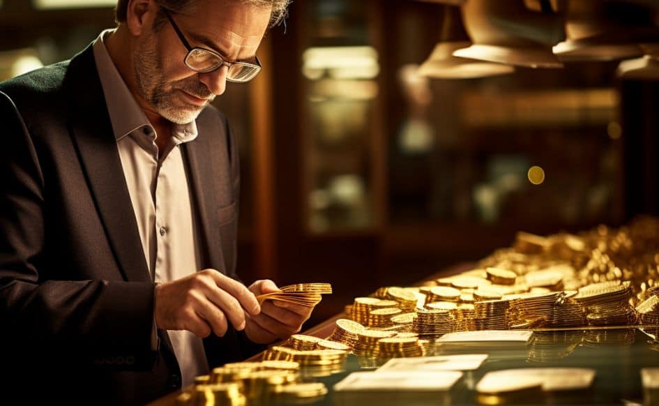 a guy looks at gold bars to buy
